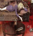 1girl alcohol belt black_belt blonde_hair breasts closed_eyes closed_mouth coffee_table collared_dress couch cup day dress drinking_glass drunk eva_heinemann feet_out_of_frame furrowed_brow hand_in_own_hair hand_on_own_head highres indoors light_blush light_frown lying medium_hair messy_hair middle_part mimulishizi monster_(manga) on_couch on_side pale_skin parted_bangs parted_hair photo_(object) picture_frame pillow pink_lips purple_dress short_dress small_breasts solo straight_hair table tenma_kenzou three-quarter_sleeves u_u wooden_table 