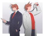  2boys animification back-to-back black_jacket black_pants black_suit border brown_hair coat collared_shirt drop_shadow dual_persona eddsworld from_side gradient_background hair_ears hand_in_pocket highres holding holding_id_card holding_notepad id_card jacket lab_coat lanyard long_sleeves male_focus mjsc_10 multiple_boys necktie notepad outside_border pants profile red_necktie red_shirt scientist shirt short_hair spoilers suit tord_(eddsworld) white_border white_coat white_shirt 