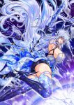  1girl armpits bare_shoulders black_shorts blue_dress blue_streaks breasts butterfly_hair_ornament chie00chan crystal_shards dress from_below from_side genshin_impact gloves gradient_thighhighs grey_hair hair_between_eyes hair_ornament high_heels highres holding holding_sword holding_weapon large_breasts long_hair looking_at_viewer multicolored_hair purple_gloves purple_hands red_eyes shorts skirk_(genshin_impact) solo streaked_hair sword thick_thighs thighs very_long_hair weapon white_dress white_hair 