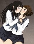  arm_around_waist black_hair blush brown_hair chin_grab chitanda_eru eye_contact hand_on_another's_chin hyouka ibara_mayaka juicy long_hair looking_at_another multiple_girls purple_eyes red_eyes school_uniform serafuku short_hair yuri 