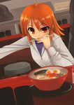  akatsuki_miho akemiho_tabi_nikki blush bowl chopsticks dutch_angle egg food indoors kouno_hikaru looking_at_viewer noodles orange_eyes orange_hair ramen smile solo 
