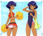  ass back bare_shoulders bob_cut breasts cheerleader competition_swimsuit covered_nipples earrings fushigi_no_umi_no_nadia hair_ornament hairclip hand_behind_head hoop_earrings itoji jewelry light_smile looking_back microskirt midriff nadia one-piece_swimsuit panties pantyshot pom_poms purple_hair short_hair skirt small_breasts smile swimsuit time_paradox towel underwear 