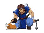  1boy absurdres arm_wrap belt belt_buckle black_belt black_eyes black_gloves blue_pants blue_tunic boned_meat brown_hair brown_shoes buckle castlevania:_rondo_of_blood castlevania_(series) chain_whip closed_mouth commentary_request fingerless_gloves food gameplay_mechanics gloves headband highres holding holding_whip looking_at_food male_focus meat nervous on_one_knee pants pelvic_curtain plate reaching richter_belmont sakurajyousui_nami shoes single_glove small_sweatdrop solo sword sword_on_back toned toned_male transparent_background tunic weapon weapon_on_back whip white_headband 