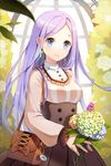  artist_request bag bangs blue_eyes bouquet bow cross dress earrings flower handbag holding jewelry long_hair lowres parted_bangs pleated_dress purple_hair sigmund smile solo striped sword_girls 