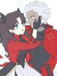  1boy 1girl absurdres archer_(fate) archer_(honkai:_star_rail)_(fate) black_gloves blue_eyes breasts fate/stay_night fate_(series) gloves hetero highres honkai:_star_rail honkai_(series) jacket long_hair medium_breasts open_mouth pleated_skirt red_jacket sasa234 short_hair skirt tohsaka_rin tohsaka_rin_(honkai:_star_rail) twintails white_skirt yellow_eyes 