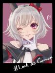  1girl absurdres animal_ears bare_shoulders black_border black_hairband blush border bow breasts coat commentary_request curren_chan_(fille_eclair)_(umamusume) curren_chan_(umamusume) dress ear_bow ear_covers gloves grey_hair hairband heart highres horse_ears horse_girl long_sleeves looking_at_viewer mixed-language_commentary off-shoulder_coat off-shoulder_dress off-shoulder_jacket off_shoulder parted_lips portrait purple_eyes red_bow ri_ri_0818 short_hair smile solo striped_clothes striped_dress umamusume vertical-striped_clothes vertical-striped_dress white_gloves 