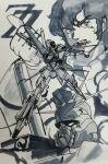  1980s_(style) 1boy aeug beam_cannon beam_rifle commentary_request energy_gun faux_retro_artstyle greyscale gundam gundam_zz judau_ashta logo looking_at_viewer mecha mobile_suit monochrome painting_(medium) retro_artstyle robot scan science_fiction serious thumbs_up traditional_media user_dfnz7425 v-fin watercolor_(medium) weapon zero_gravity zz_gundam 