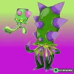  artist_name colored_skin doctorfakemon evolutionary_line fakemon gradient_background green_background green_skin highres no_humans original outline pokemon pokemon_(creature) purple_background spikes sugimori_ken_(style) two-tone_background white_outline 