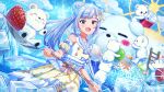  1girl :d bear bear_cub blue_eyes blue_hair bow braid braided_base bun_with_braided_base card_commentary commentary_request day detached_sleeves dress earrings game_asset hair_bow hair_bun holding holding_spoon idolmaster idolmaster_million_live! idolmaster_million_live!_theater_days jewelry long_hair official_alternate_costume official_alternate_hairstyle official_art open_mouth outdoors oversized_spoon polar_bear ponytail puffy_detached_sleeves puffy_sleeves shiraishi_tsumugi sleeveless sleeveless_dress smile solo spoon standing third-party_source yellow_dress 