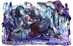  1boy barefoot black_sash black_veil blue_hair bracelet copyright_notice cup cupping_glass cushion drinking_glass earrings full_body gold_bracelet gold_choker gold_earrings grey_robe hair_over_one_eye hand_up holding holding_cup ink jewelry liquid long_hair looking_at_viewer lying male_focus matsumoto_akira melting mushroom official_art on_back on_mushroom one_eye_covered open_clothes open_robe parted_lips plant pointy_ears purple_liquid puzzle_&amp;_dragons reclining red_eyes red_sash ripples robe sash shards simple_background soaking_feet solo stained_glass veil waist_sash water_drop white_background wide_sleeves wine_glass 