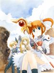  2girls blonde_hair blue_eyes brown_hair glasses green_eyes heterochromia kouno_hikaru lyrical_nanoha magical_girl mahou_shoujo_lyrical_nanoha mahou_shoujo_lyrical_nanoha_strikers multiple_girls open_mouth raising_heart red_eyes sitting smile takamachi_nanoha time_paradox vivio yuuno_scrya 