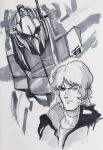  1980s_(style) 1boy aeug char_aznable commentary_request faux_retro_artstyle greyscale gundam highres hyaku_shiki looking_at_viewer male_focus mecha military_uniform mobile_suit monochrome mullet painting_(medium) portrait quattro_bajeena radio_antenna retro_artstyle robot scan science_fiction sideburns smirk traditional_media turtleneck user_dfnz7425 watercolor_(medium) zeta_gundam 