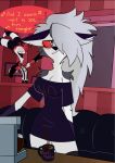  2024 annoyed anthro appliance bedhead beverage blitzo_(helluva_boss) bow_tie breasts canid canid_demon canine cleavage clothed clothing coffee coffee_maker coffee_mug demon dialogue duo english_text eyes_closed female female_focus fur furniture glowing glowing_eyes grey_body grey_fur grey_hair hair hair_over_eye hellaverse hellhound helluva_boss hi_res horn humanoid imp kitchen_appliance legs_together long_hair loona_(helluva_boss) male mammal markings mythological_canine mythological_creature mythology off_shoulder open_mouth profanity red_body red_sclera red_skin shirt singing sleeping_shirt sofa solo_focus starpaintart striped_horn striped_wall stripes suspenders text topwear white_body white_clothing white_eyes white_fur white_markings white_shirt white_topwear 
