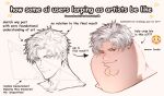  1boy absurdres ai-generated_art_(topic) arrow_(symbol) cleft_chin closed_mouth commentary earrings english_commentary english_text family_guy fat fat_man flushed_face_emoji highres jewelry kowai_(iamkowai) looking_at_viewer male_focus peter_griffin red_eyes short_hair smile stud_earrings white_hair 