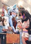  animal_ears belt black_eyes black_hair blue_eyes blue_skin china_dress chinese_clothes colored_skin commentary_request dress extra_ears fishnet_pantyhose fishnets fox_ears fox_girl fox_tail ginkaku_(kemono_friends) grey_hair highres horns jacket kemono_friends kinkaku_(kemono_friends) long_hair mcgunngu multiple_girls pantyhose raccoon_ears raccoon_girl red_skin ribbon short_hair shorts sleeveless tail tanuki_(kemono_friends) yellow_eyes 