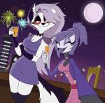  2024 :3 anthro ashtray avian avian_demon bird breasts building canid canid_demon canine choker cigarette cleavage clothed clothing collar container cup demon dress drinking_glass duo eyes_closed eyeshadow feather_hair feathers female fingerless_gloves fireworks full_moon fur glass glass_container glass_cup gloves grey_body grey_fur grey_hair hair handwear hellaverse hellhound helluva_boss holding_container holding_cup holding_drinking_glass holding_object jewelry legs_together loona_(helluva_boss) makeup mammal moon mythological_canine mythological_creature mythology necklace night notched_ear octavia_(helluva_boss) open_mouth open_smile orange_liquid outside owl owl_demon pink_choker pink_clothing pink_dress pink_jewelry pink_necklace ponytail pseudo_hair pupils purple_clothing purple_dress red_sclera slit_pupils smile sparkles sparkling_clothing sparkling_dress spiked_collar spikes star star_pattern starpaintart suspension_bridge tail white_body white_eyes white_fur 