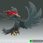  absurdres artist_name bird black_background black_bird doctorfakemon english_text fakemon fire full_body gradient_background highres no_humans original outline pokemon pokemon_(creature) solo sugimori_ken_(style) white_outline 