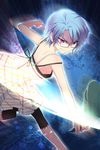  artist_request bangs blue_hair clenched_hand clenched_teeth esprit glasses holding leg_up lowres parted_bangs pleated_skirt purple_eyes ribbon skirt slippers solo sword_girls teeth 