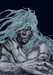  1boy absurdres black_background blue_hair clenched_teeth floating_hair grin highres jujutsu_kaisen jujutsu_kaisen_modulo long_hair looking_at_viewer mahito_(jujutsu_kaisen) male_focus nitrovu one_eye_covered simple_background smile solo stitched_arm stitched_face stitches teeth topless_male upper_body wide-eyed 
