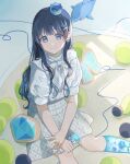  1girl absurdres black_hair blue_eyes blue_hair book_the_star bow bowtie crown diamond_(shape) dolphin earrings gradient_hair hair_ornament hairclip heart heart_earrings high-waist_skirt highres holding holding_microphone indie_virtual_youtuber jewelry long_hair looking_at_viewer microphone mini_crown multicolored_hair nanami_urara_(vtuber) plaid_clothes plaid_skirt shirt short_sleeves skirt smile solo stuffed_animal stuffed_toy virtual_youtuber white_bow white_shirt white_skirt 