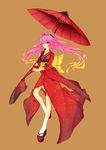  blonde_hair bow gradient_hair hair_ornament japanese_clothes kimono long_hair long_legs multicolored_hair mymei obi oriental_umbrella original pink_eyes pink_hair sash smile solo umbrella 