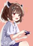  1girl anger_vein angry blue_skirt brown_background brown_hair commentary_request controller drop_shadow game_controller headgear highres hogihogi3ta holding holding_controller holding_game_controller notice_lines open_mouth playing_games playing_video_games red_eyes shirt short_hair shout_lines simple_background sitting skirt solo t-shirt touhoku_kiritan variant_set voiceroid white_shirt 