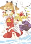 ascot blonde_hair blue_eyes blush cosplay costume_switch fang flandre_scarlet flandre_scarlet_(cosplay) hair_ribbon hand_on_headwear hat hat_removed headwear_removed hug hug_from_behind ibuki_notsu moriya_suwako moriya_suwako_(cosplay) multiple_girls one_eye_closed open_mouth panties red_eyes ribbon short_hair sidelocks simple_background skirt skirt_set thighhighs touhou underwear water white_background white_legwear white_panties wings 