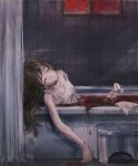  1girl bath bath_of_blood bath_stool bathroom blood brown_hair closed_eyes clothed_bath dress flower highres in_bathtub indoors kaminai404 long_hair saihate_eki shower_curtain solo stool suicide sundress tenjiku_aoi tile_wall tiles white_flower window 