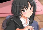  amagami black_hair blazer blush bob_cut brown_eyes jacket light_smile mat messy_hair murasaki_iro nanasaki_ai pov school_uniform short_hair sitting sitting_on_lap sitting_on_person skirt solo sweater_vest 