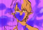  1980s_(style) 1boy arknights camille_(arknights) commentary_request e-bushi earrings furrowed_brow gundam highres jewelry kamille_bidan kitazume_hiroyuki_(style) mullet name_connection parody parted_lips pointy_ears purple_background retro_artstyle short_hair solo turtleneck zeta_gundam 