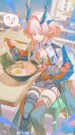  1girl absurdres arknights arknights:_endfield blue_horns breasts char_siu chopsticks cleavage dragon_girl dragon_horns dragon_tail eastern_dragon_horns eastern_dragon_tail egg_(food) fingerless_gloves food gloves green_eyes hair_over_one_eye highres holding holding_chopsticks horns indoors large_breasts mi_fu_(arknights) mole mole_on_breast noodles nori_(seaweed) open_mouth pink_hair pointy_ears ramen red_gloves restaurant sitting softboiled_egg solo tail thighhighs tian_nima 