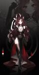  1girl absurdres animal_ear_fluff animal_ears bell black_boots black_dress black_gloves black_horns boots breasts brown_eyes brown_hair closed_mouth collar color_guide commentary demon_tail doom_cat drawinggranny dress elbow_gloves english_commentary facial_mark gloves gradient_horns highres horns indie_virtual_youtuber long_hair multicolored_horns o-ring_collar red_horns reflective_floor second-party_source shadow solo spiked_collar spikes tail thighhighs virtual_youtuber whisker_markings 