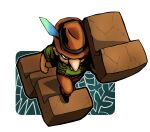  1boy babel_no_tou black_eyes black_shoes brown_hat brown_pants commentary_request fedora from_above green_shirt hat hat_feather highres holding holding_rock indy_borgnine large_nose male_focus pants plant rock sakurajyousui_nami shirt shoes solo stairs standing uneven_footing vines 