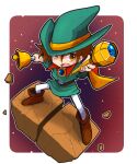  1boy aqua_hat aqua_tunic arm_up bell belt belt_buckle boots brooch brown_belt brown_boots brown_hair buckle cape commentary_request cube daana_(solomon_no_kagi) from_above full_body hair_between_eyes hat highres holding holding_bell holding_wand jewelry male_focus open_mouth orange_cape orange_eyes pants sakurajyousui_nami short_hair solo solomon_no_kagi standing teeth tunic upper_teeth_only wand white_pants witch_hat 