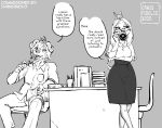  2025 accessory anthro beverage biped bottomwear breasts canid canine canis canisfidelis chair clothed clothing collared_shirt dachshund dialogue domestic_dog dress_shirt drinking duo english_text eyebrows eyewear female floppy_ears front_view furniture glasses hair hair_accessory hair_bun hair_sticks hi_res holding_beverage holding_eyewear holding_glasses holding_object hunting_dog inside looking_aside looking_at_another lop_ears male mammal mastiff medium_breasts molosser monochrome ms._haley_(canisfidelis) on_chair open_mouth pants rottweiler shane_boder_(shaneandco) shirt short_hair short_tail simple_background sitting sitting_on_chair skirt speech_bubble table tail teacher text tongue topwear wearing_glasses 