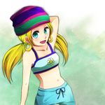  :d blonde_hair blue_eyes crop_top donkey_kong_(series) earrings hat hoop_earrings jewelry long_hair midriff navel open_mouth personification smile solo teenage tiny_kong twintails 