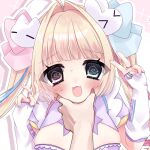  1girl 1other 2000s_(style) :3 @_@ absurdres ahoge animal_hair_ornament artist_name blonde_hair blue_eyes blue_nails blush bow bowtie breasts cheek_press cheek_squash commentary_request dot_nose double_v dress hair_ornament hand_on_another's_cheek hand_on_another's_face heterochromia highres jewelry maid medium_breasts original pink_eyes pink_nails pixel_art_inset pov pov_hands puffy_short_sleeves puffy_sleeves purple_bow purple_bowtie purple_dress purple_nails rabbit_hair_ornament ring selenium sharp_teeth short_sleeves sweat teeth twintails v yellow_nails 