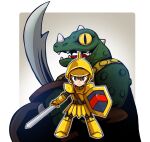  2boys armor armored_boots armored_skirt belt black_eyes blue_eyes boots breastplate brown_belt brown_hair closed_mouth colored_sclera commentary_request druaga_no_tou gauntlets gilgamesh_(druaga) gold_armor hair_between_eyes helmet highres holding holding_shield holding_sword holding_weapon looking_at_viewer monster multiple_boys open_mouth pauldrons reptile_boy sakurajyousui_nami sharp_teeth shield short_hair shoulder_armor slit_pupils smile spikes standing sword teeth warts weapon yellow_sclera 