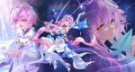  1girl absurdres aemeath_(wuthering_waves) aemeath_(young)_(wuthering_waves) ahoge breasts chinese_commentary commentary_request dress elbow_gloves glitch gloves hair_ornament highres holding holding_microphone hundun_hdun leotard long_hair long_sleeves medium_breasts microphone multiple_views open_mouth orange_eyes pink_hair seal_(animal) showgirl_skirt skirt smile star-shaped_pupils star_(symbol) symbol-shaped_pupils white_dress white_gloves white_leotard white_skirt wuthering_waves 