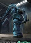 bandai cable commentary_request copyright_notice gatling_gun gouf gouf_custom gundam gundam_08th_ms_team gundam_arsenal_base hangar ishida_baru logo mecha mecha_focus mixed-language_text mobile_suit no_humans official_art radio_antenna realistic robot scene_reference science_fiction shield shoulder_spikes spikes sword thrusters title walking weapon zeon 