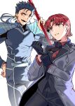  1boy 1girl absurdres adjusting_clothes adjusting_gloves armor bazett_fraga_mcremitz black_necktie black_suit blue_bodysuit blue_hair bodysuit breasts brown_eyes coat commentary_request cowboy_shot cu_chulainn_(fate) cu_chulainn_(lancer)_(fate) fate/grand_order fate_(series) gae_bolg_(fate) gloves grey_coat hand_on_own_hip highres holding holding_polearm holding_weapon large_breasts long_hair low_ponytail manannan_mac_lir_(first_ascension)_(fate) mole mole_under_eye necktie noko_morokoshi open_clothes open_coat parted_bangs pauldrons pectorals polearm ponytail red_eyes red_shirt shirt short_hair shoulder_armor simple_background spear suit weapon white_background 