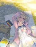  blonde_hair blue_eyes blush colored_pencil looking_at_viewer lowres lying on_back original pencil short_hair solo weno weno's_blonde_original_character 