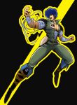  1boy bandaged_arm bandaged_wrist bandages belt black_background black_boots blue_eyes blue_hair boots commentary_request full_body green_belt green_jacket green_pants highres jacket knee_boots male_focus midriff_sarashi muscular muscular_male open_clothes open_jacket open_mouth outline pants sakurajyousui_nami sarashi short_hair solo star_soldier yellow_outline 