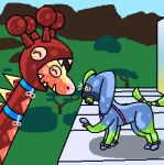  2024 3_tails blue_body blue_collar blue_ears blush blush_lines collar day duo eyes_closed fakemon fakeveelution fangs farigiraf feral forest generation_9_pokemon green_body green_tail happy harness infinity_symbol long_ears multi_tail mutateon nintendo orange_body outside pink_harness pink_nose plant pokemon pokemon_(species) rubbermon smile symbol tail teeth tree trooper3 yellow_body yellow_spikes 