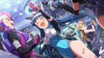  :d ^_^ arm_up bandaid bandaid_on_leg bandaid_on_thigh black_gloves blue_hair blue_leotard blunt_ends card_commentary closed_eyes commentary_request cup dutch_angle elbow_gloves fingerless_gloves floating_hair game_asset gloves head_bump holding holding_cup idolmaster idolmaster_million_live! idolmaster_million_live!_theater_days kisaragi_chihaya kitakami_reika leotard long_hair maihama_ayumu mechanical_ears miyao_miya official_alternate_costume official_art open_mouth out_of_frame science_fiction smile standing third-party_source twintails_with_hair_base 