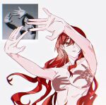  1girl armpits arms_up breasts closed_mouth collarbone convenient_censoring earrings hand_shadow_covering_breasts_(meme) highres himeko_(honkai:_star_rail) honkai:_star_rail honkai_(series) jewelry long_hair meme no_nipples one_eye_covered open_hands orange_eyes outstretched_arms photo-referenced shadow shadow_censor solo spread_fingers topless_female upper_body wendy_05 
