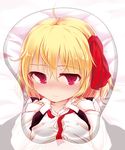  ahoge blonde_hair blush breast_mousepad breasts covered_nipples hair_ribbon long_sleeves lying medium_breasts mousepad on_back open_clothes red_eyes ribbon rumia short_hair smile solo tec touhou undone 