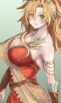  1girl absurdres bare_shoulders big_hair blonde_hair bob_cut breasts bridal_gauntlets brown_bridal_gauntlets cleavage closed_mouth commentary_request curtained_hair dress from_side gradient_background green_eyes highres jewelry large_breasts long_hair looking_at_viewer nail_polish necklace parted_bangs pink_nails protagonist_(romancing_saga_2) red_dress romancing_saga_2 saga simple_background sleeveless sleeveless_dress smile solo teardrop_necklace upper_body wochi 