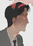  1boy 1girl aquiline_nose black_eyes black_hair blazer blue_necktie collared_shirt dress_shirt dropping eva_heinemann from_side furrowed_brow gem glint grey_jacket highres jacket jewelry lapels looking_ahead male_focus middle_part mimulishizi monster_(manga) necktie nose notched_lapels open_mouth parted_hair portrait print_necktie red_gem red_nails ring sanpaku scene_reference shirt short_hair simple_background solo_focus suit tenma_kenzou transparent_hand white_background white_shirt wing_collar 