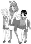  animal_ears bag centaur centaur_no_nayami closed_eyes error goat_ears gokuraku_nozomi greyscale horns horse_ears imp kimihara_himeno monochrome monster_girl multiple_girls naraku_kyouko natumiao necktie pointy_ears satyr school_uniform short_hair 